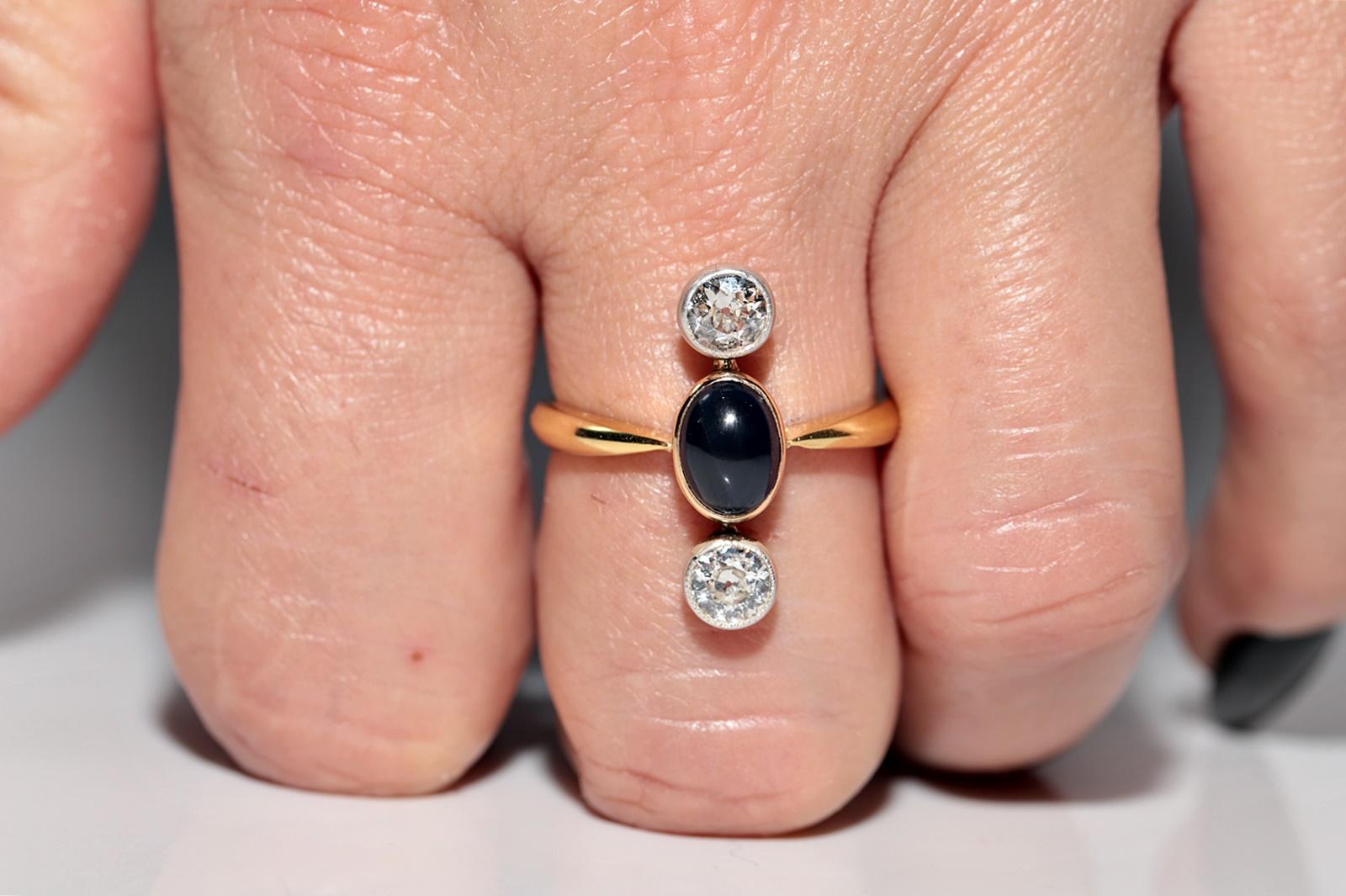 Taglio vecchia miniera Anello in oro 18k con diamanti naturali e zaffiri cabochon, vintage, circa anni '80 in vendita