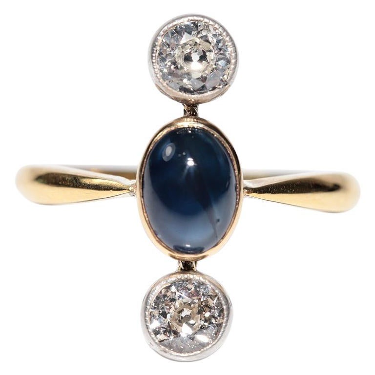 Vintage-Ring aus 18 Karat Gold mit natürlichem Diamant und Cabochon-Saphir, ca. 1980er Jahre