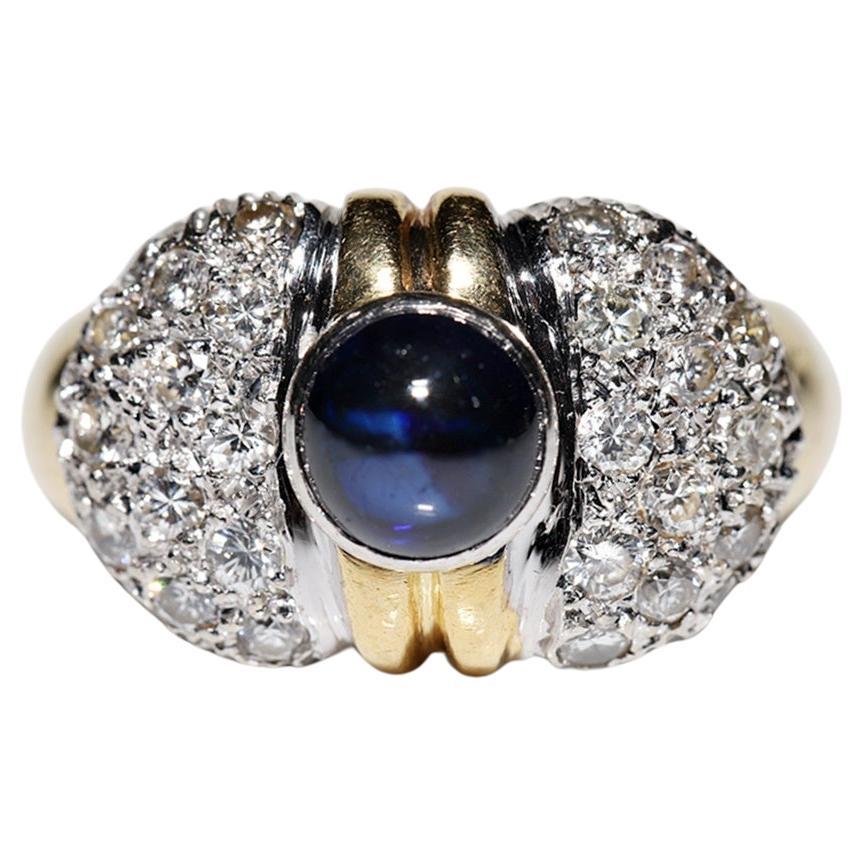 Anello in oro 18k con diamanti naturali e zaffiri cabochon, vintage, circa anni '80