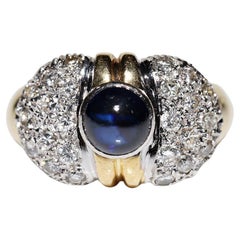 Bague vintage des années 1980 en or 18 carats avec diamant naturel et saphir cabochon