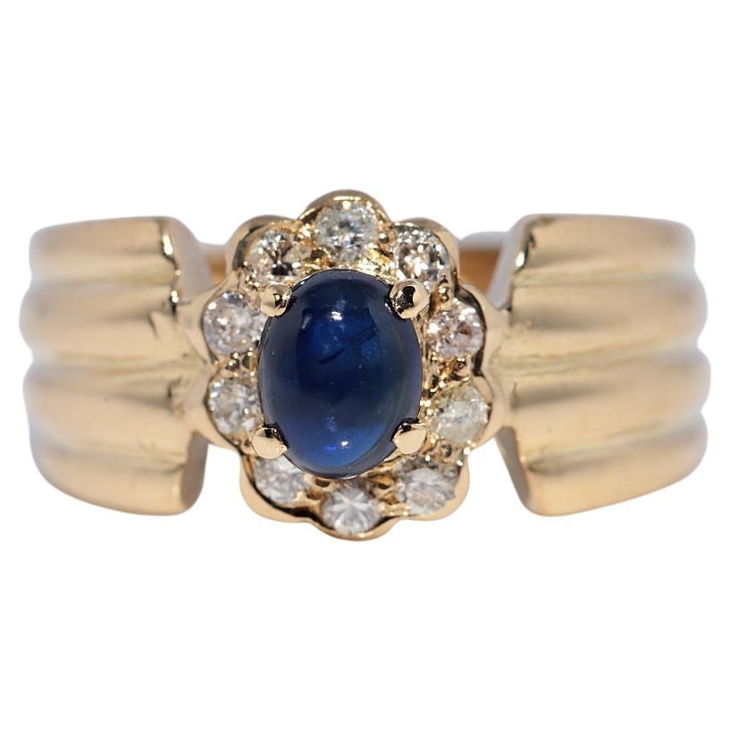 Vintage Circa 1980s 18k Gold Natural Diamond And Cabochon Sapphire Ring
