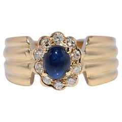 Vintage Circa 1980s 18k Gold Natural Diamond And Cabochon Sapphire Ring