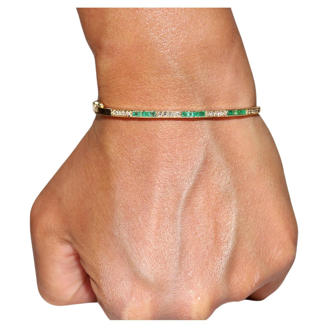 Bracciale in oro 18k con diamanti naturali e smeraldi tagliati a calibro, vintage, anni '80 circa