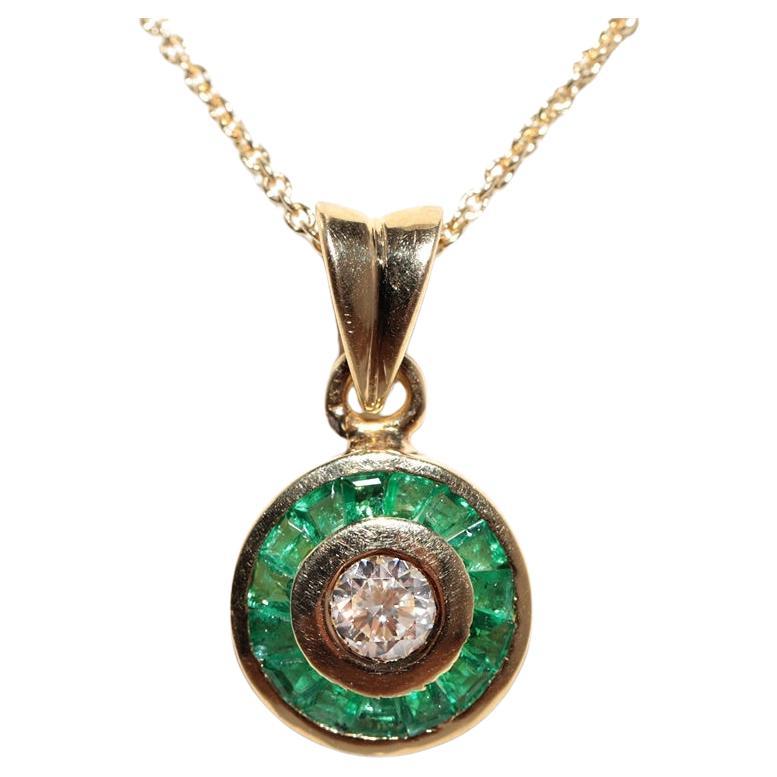 Collier vintage des années 1980, en or 18 carats, diamant naturel et émeraude calibrée