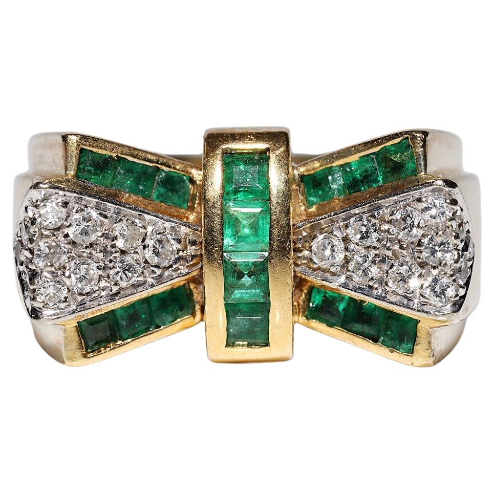 Vintage Circa 1980s 18k Gold Natural Diamond And Caliber Cut Emerald Ring