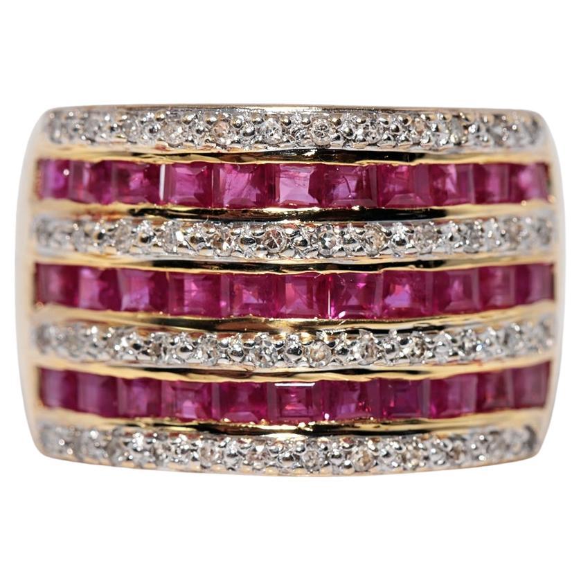 Dekorierter Vintage-Ring aus 18 Karat Gold mit natürlichem Diamanten und Rubin im Kaliberschliff, ca. 1980er Jahre