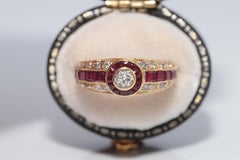 Vintage Circa 1980s 18k Gold Natural Diamond And Caliber Cut Ruby Ring