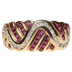 Vintage Circa 1980s 18k Gold Natural Diamond And Caliber Cut Ruby Ring