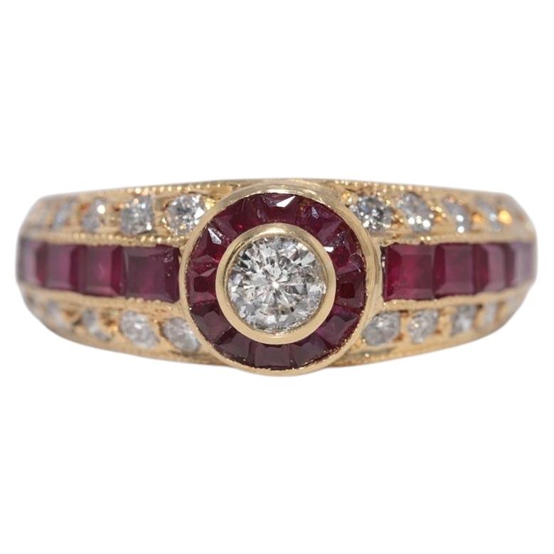 Vintage Circa 1980s 18k Gold Natural Diamond And Caliber Cut Ruby Ring