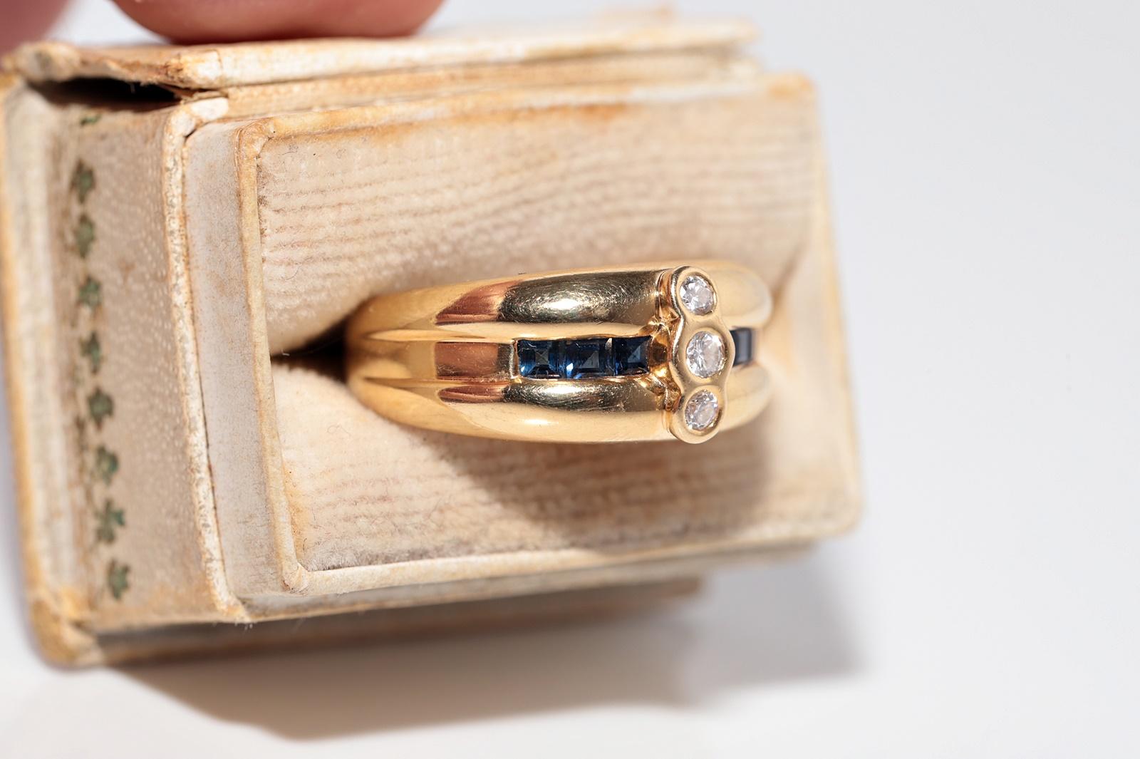 Anello a fascia in oro 18 carati con diamanti naturali e zaffiri taglio calibro, vintage anni '80 circa in vendita 1