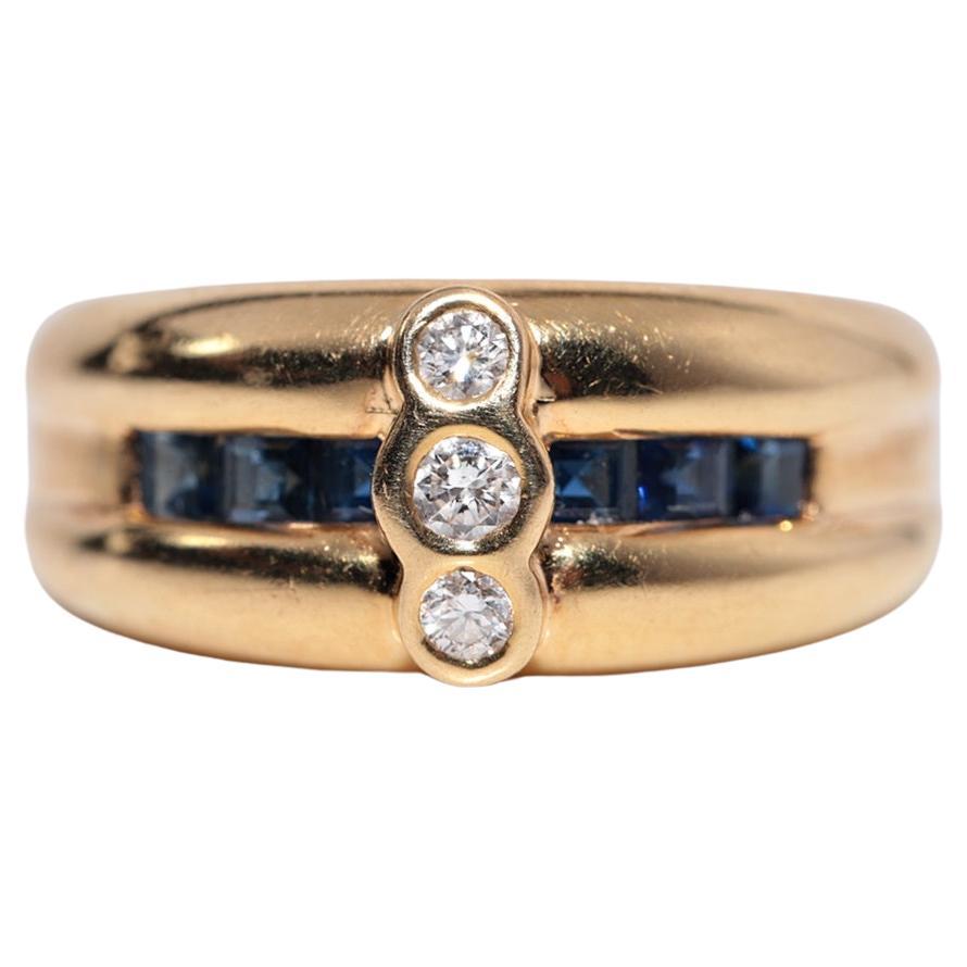 Vintage Circa 1980s 18k Gold Natural Diamond And Caliber Cut Sapphire Band Ring