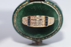 Vintage Circa 1980s 18k Gold Natural Diamond And Caliber Cut Sapphire Ring