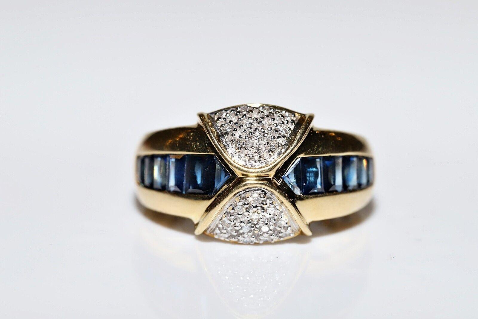Brilliant Cut Vintage Circa 1980s 18k Gold Natural Diamond And Caliber Cut Sapphire Ring For Sale