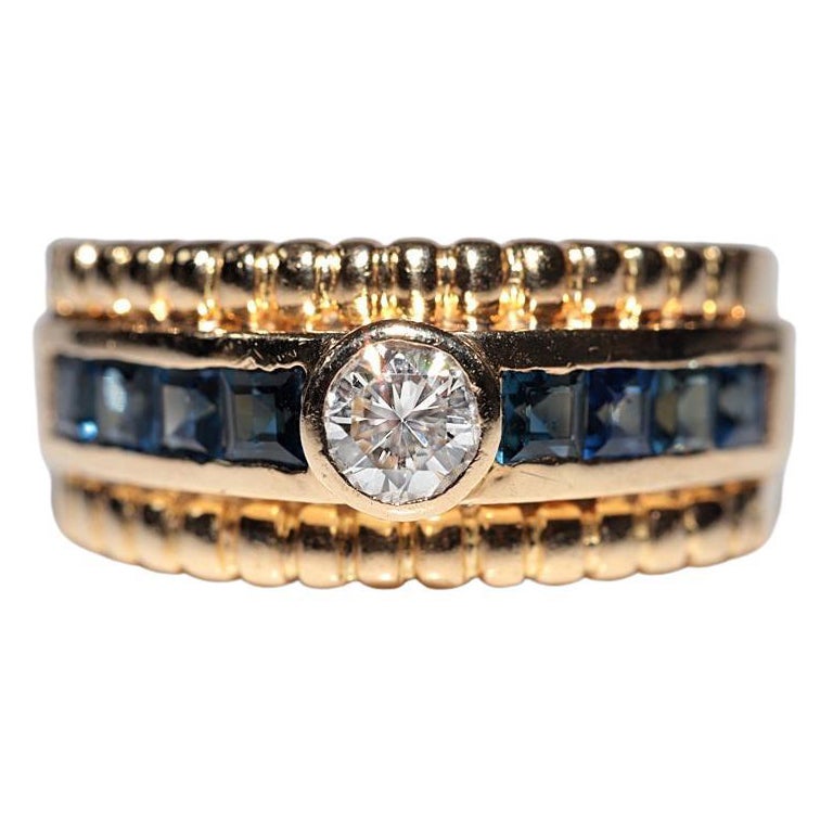 Anello in oro 18 carati con diamanti naturali e zaffiri taglio calibro, vintage, anni 
80 circa