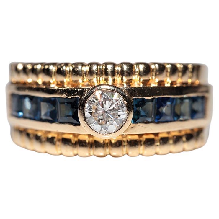 Vintage Circa 1980s 18k Gold Natural Diamond And Caliber Cut Sapphire Ring For Sale
