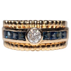 Vintage Circa 1980s 18k Gold Natural Diamond And Caliber Cut Sapphire Ring