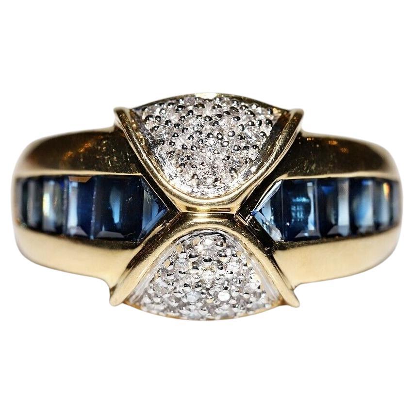 Vintage Circa 1980s 18k Gold Natural Diamond And Caliber Cut Sapphire Ring