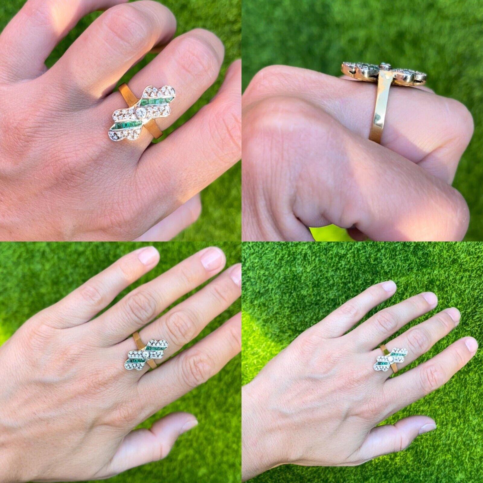 Vintage Circa 1980er Jahre 18k Gold Natürlicher Diamant und Kaliber Smaragd Ring im Angebot 5