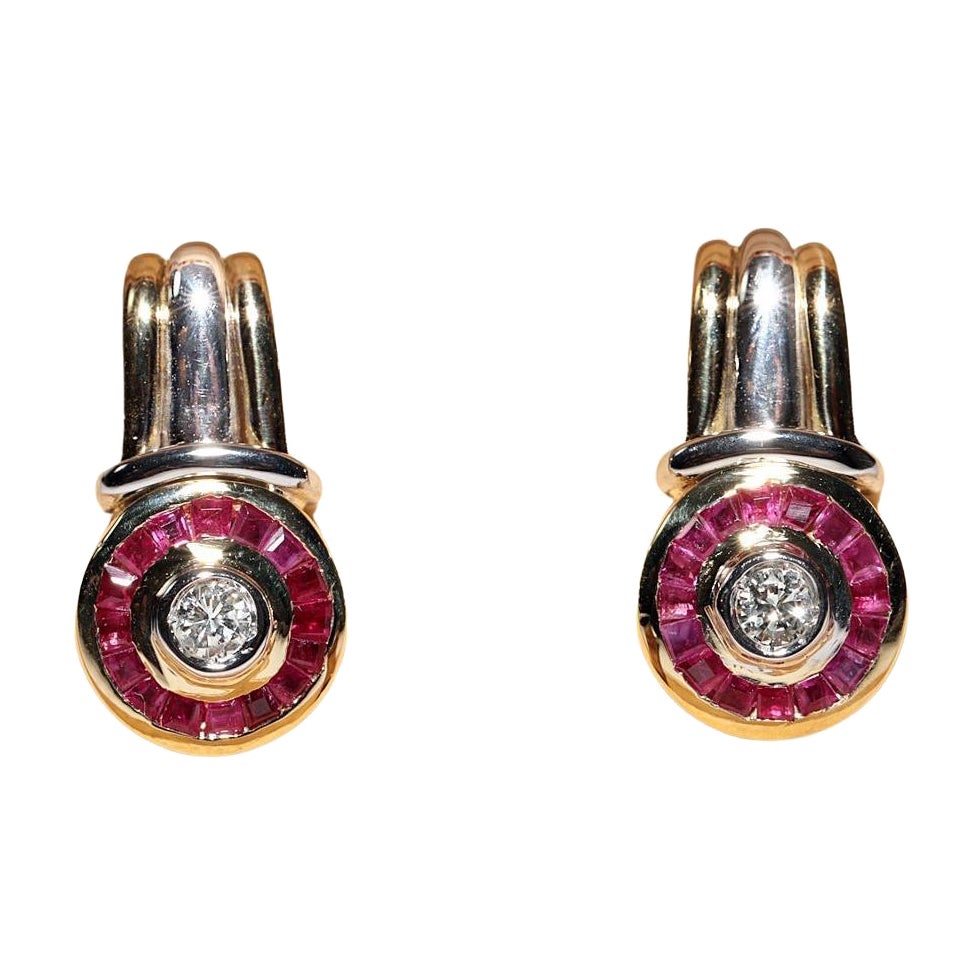 Vintage Circa 1980s 18k Gold Natural Diamond And Caliber Ruby Decorated Earring
