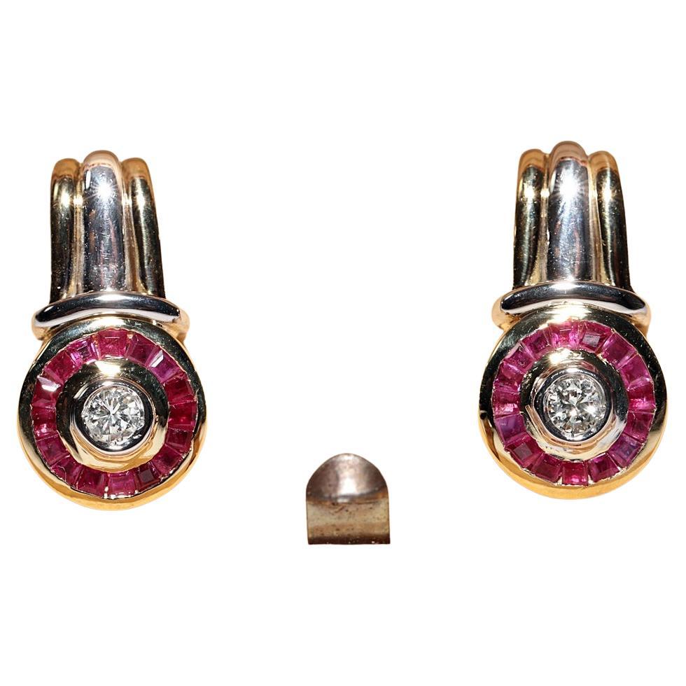 Vintage Circa 1980s 18k Gold Natural Diamond And Caliber Ruby Decorated Earring