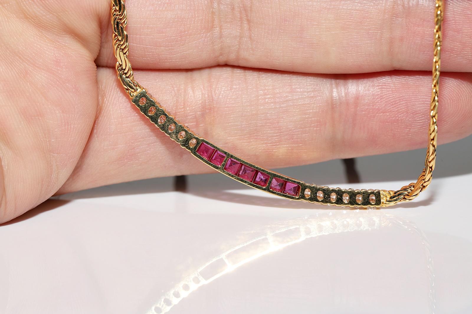 Vintage Circa 1980s 18k Gold Natural Diamond And Caliber Ruby Decorated Necklace For Sale 1