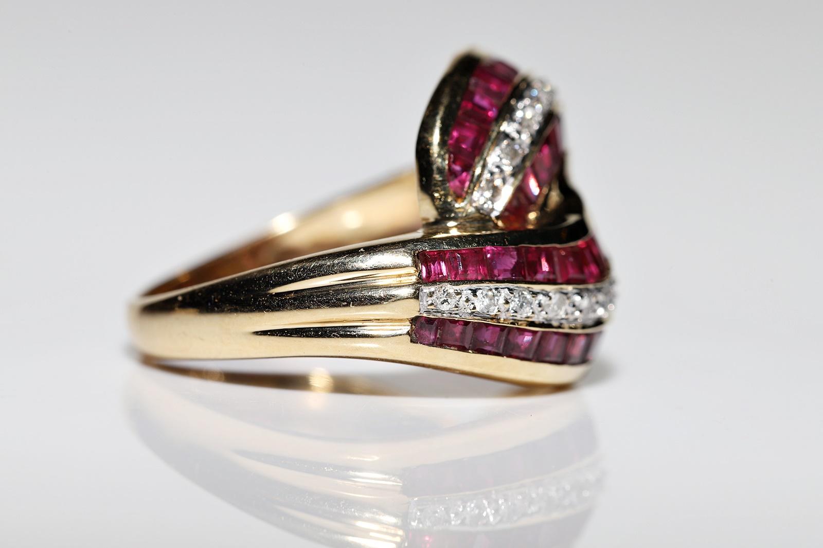 Vintage Circa 1980s 18k Gold Natural Diamond And Caliber Ruby Decorated Ring For Sale 6
