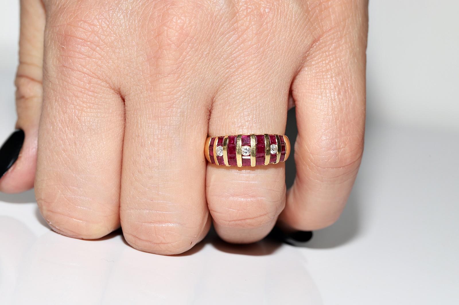 Vintage Circa 1980s 18k Gold Natural Diamond And Caliber Ruby Decorated Ring For Sale 8