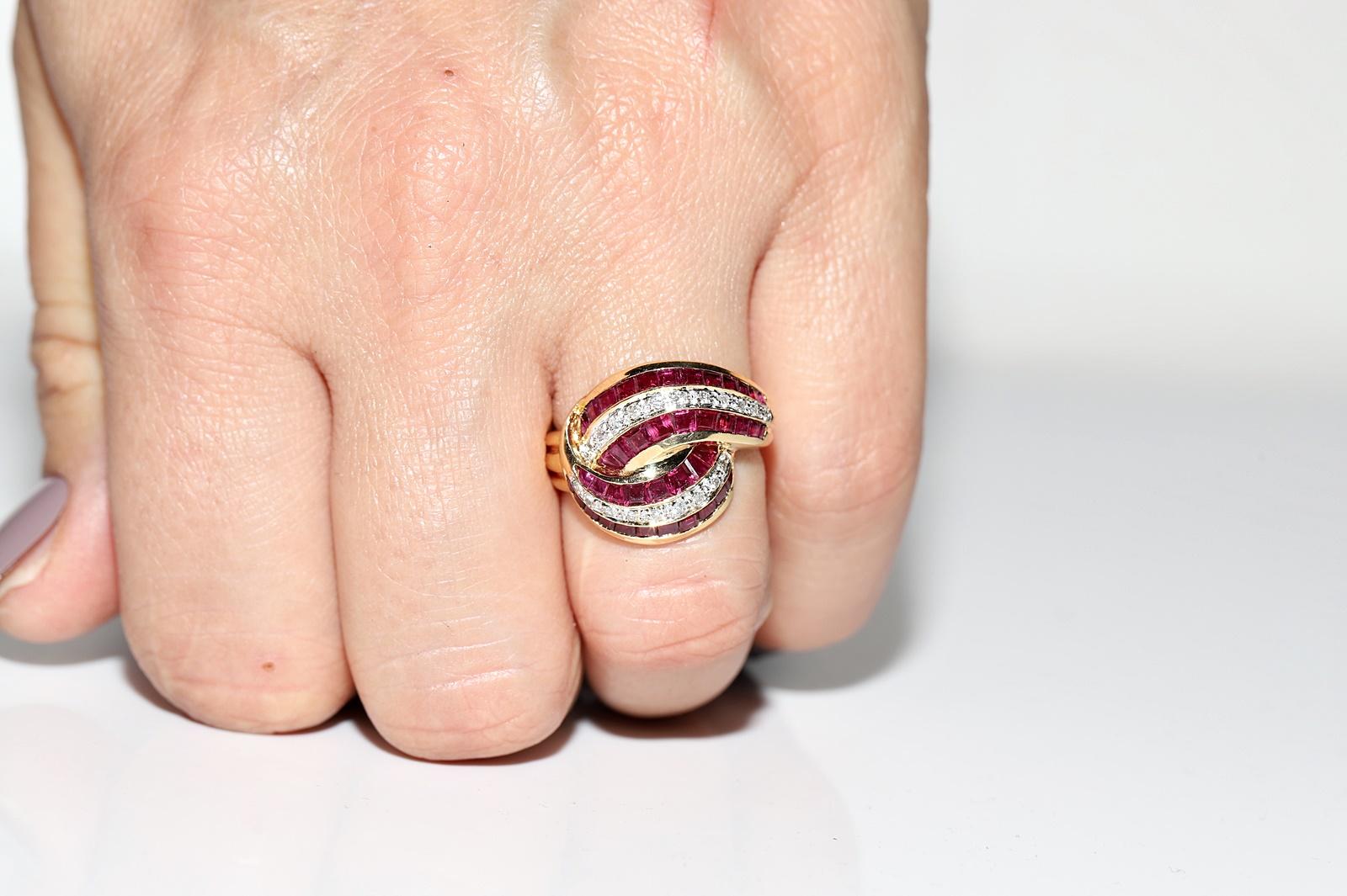 Vintage Circa 1980s 18k Gold Natural Diamond And Caliber Ruby Decorated Ring For Sale 10