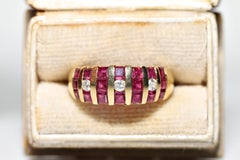 Vintage Circa 1980s 18k Gold Natural Diamond And Caliber Ruby Decorated Ring