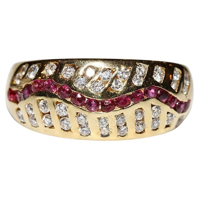 Vintage Circa 1980s 18k Gold Natural Diamond And Caliber Ruby Decorated Ring For Sale
