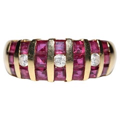 Vintage Circa 1980s 18k Gold Natural Diamond And Caliber Ruby Decorated Ring
