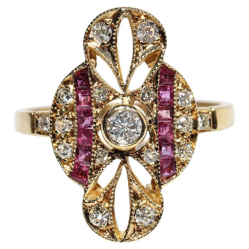 Vintage Circa 1980s 18k Gold Natural Diamond And Caliber Ruby Navette Ring