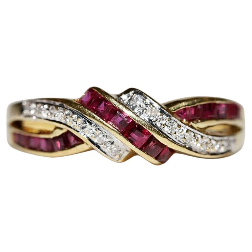 Vintage Circa 1980s 18k Gold Natural Diamond And Caliber Ruby Ring For Sale