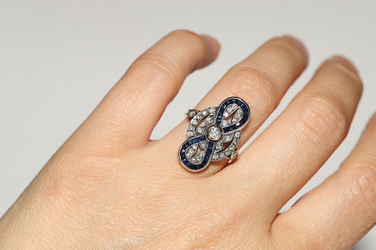 Vintage Circa 1980s 18k Gold Natural Diamond And Caliber Sapphire Decorated Ring For Sale 2