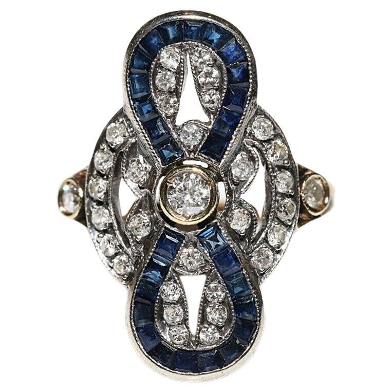 Vintage Circa 1980s 18k Gold Natural Diamond And Caliber Sapphire Decorated Ring For Sale