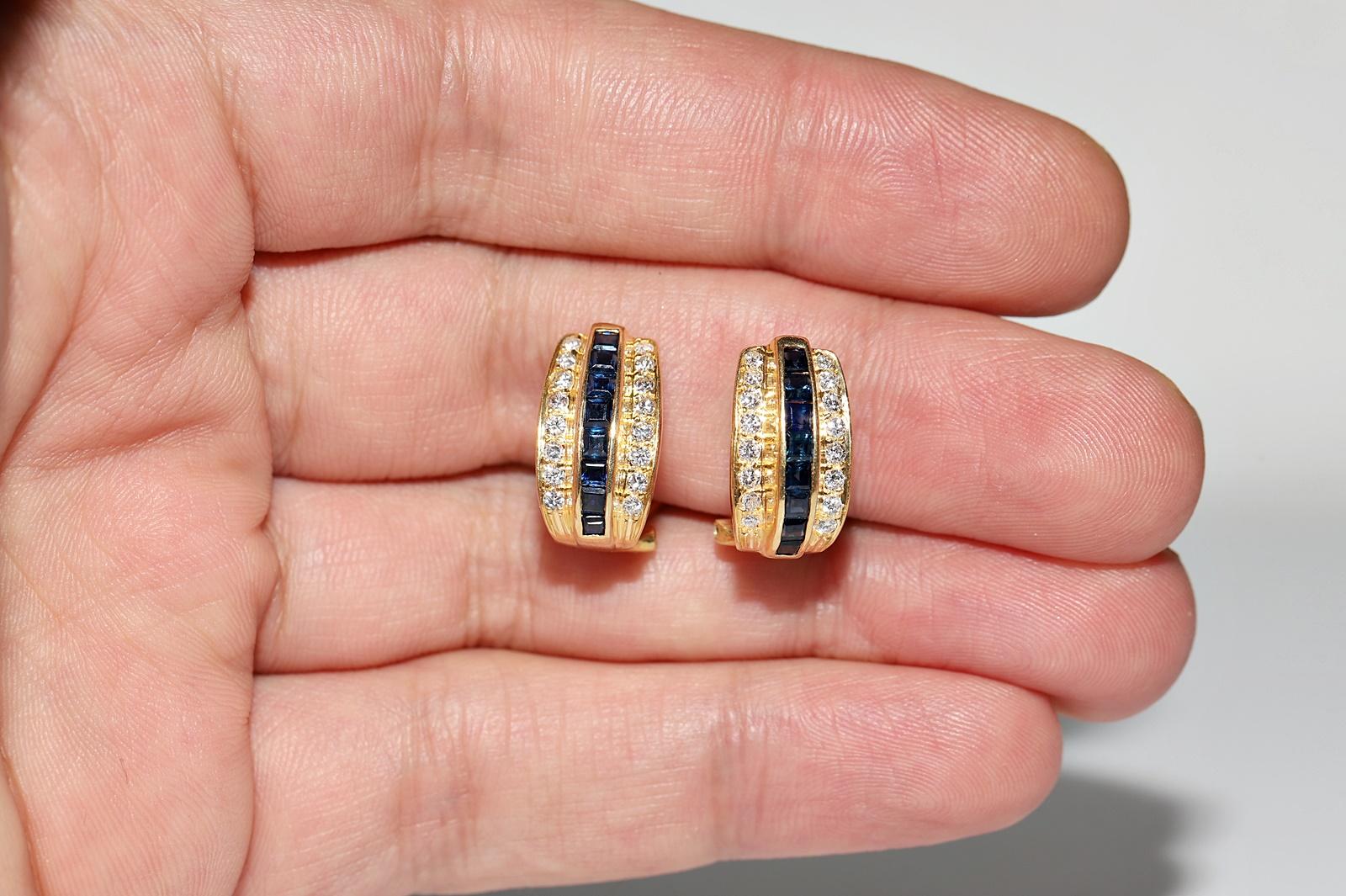 Vintage Circa 1980s 18k Gold Natural Diamond And Caliber Sapphire Earring For Sale 5