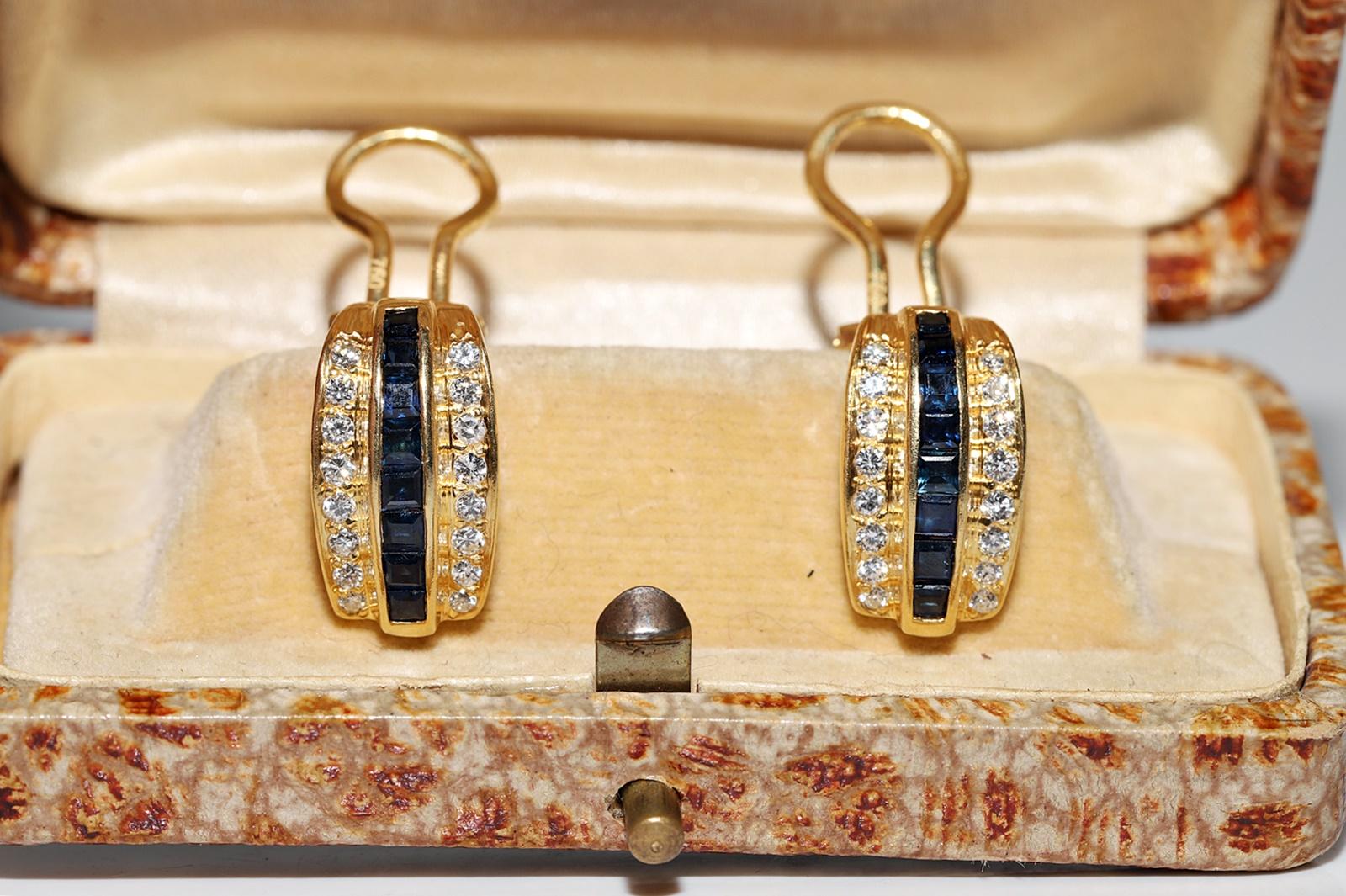 Vintage Circa 1980s 18k Gold Natural Diamond And Caliber Sapphire Earring For Sale 7