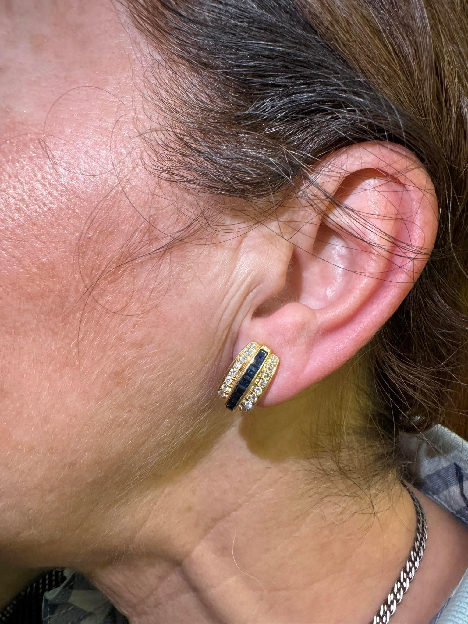 Vintage Circa 1980s 18k Gold Natural Diamond And Caliber Sapphire Earring For Sale 8