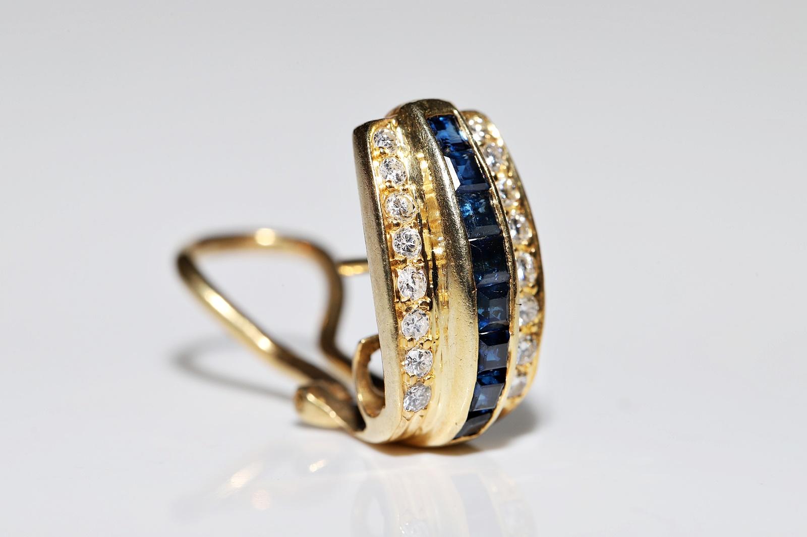 Brilliant Cut Vintage Circa 1980s 18k Gold Natural Diamond And Caliber Sapphire Earring For Sale