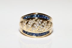 Vintage Circa 1980s 18k Gold Natural Diamond And Caliber Sapphire Tank Ring