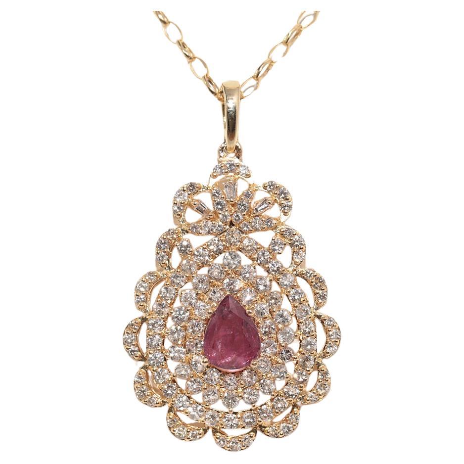 Vintage Circa 1980s 18k Gold Natural Diamond And Drop Ruby Pendant Necklace