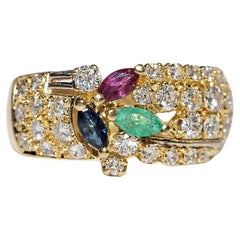 Vintage Circa 1980s 18k Gold Natural Diamond And Emerald And Ruby Sapphire Ring