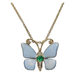 Vintage Circa 1980s 18k Gold Natural Diamond And Emerald Butterfly Necklace