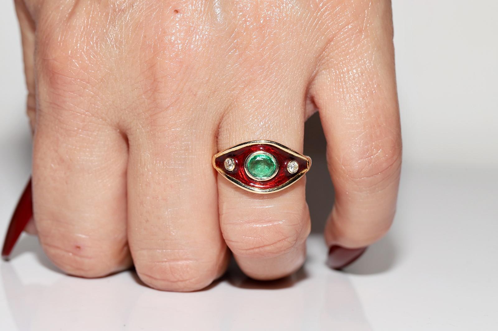 Vintage Circa 1980s 18k Gold Natural Diamond And Emerald Decorated Enamel Ring  For Sale 8