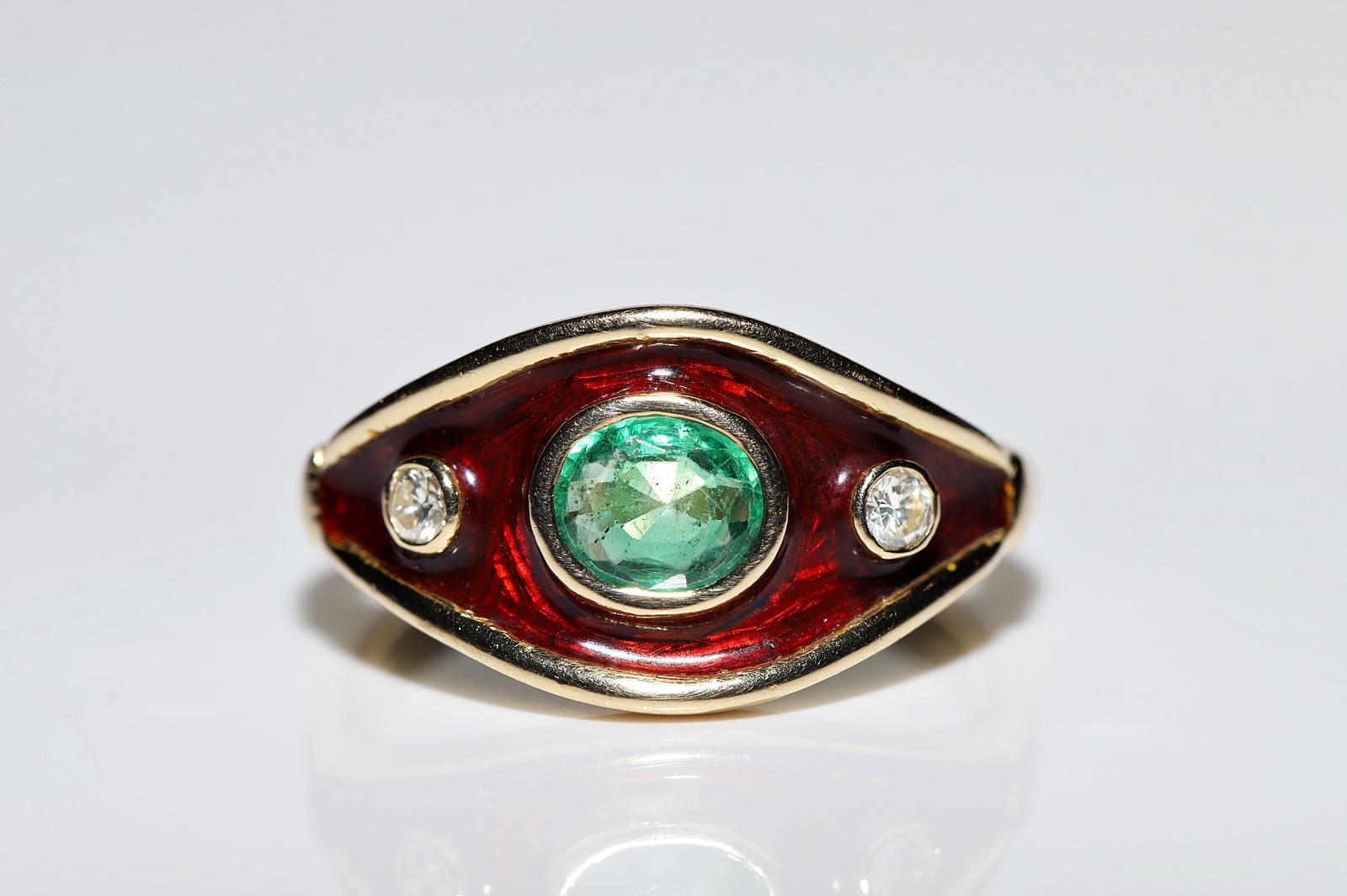 Brilliant Cut Vintage Circa 1980s 18k Gold Natural Diamond And Emerald Decorated Enamel Ring  For Sale