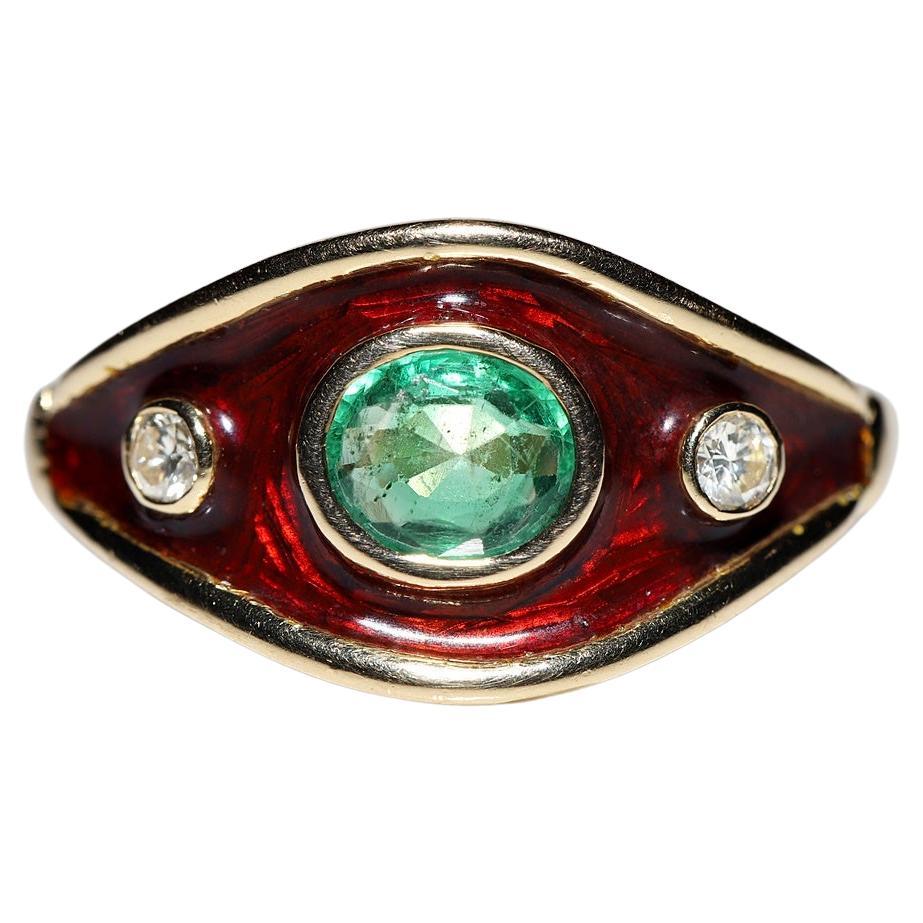Vintage Circa 1980s 18k Gold Natural Diamond And Emerald Decorated Enamel Ring  For Sale
