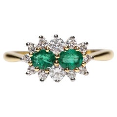 Anello decorato con diamanti naturali e smeraldi in oro 18 carati, vintage, anni '80 circa