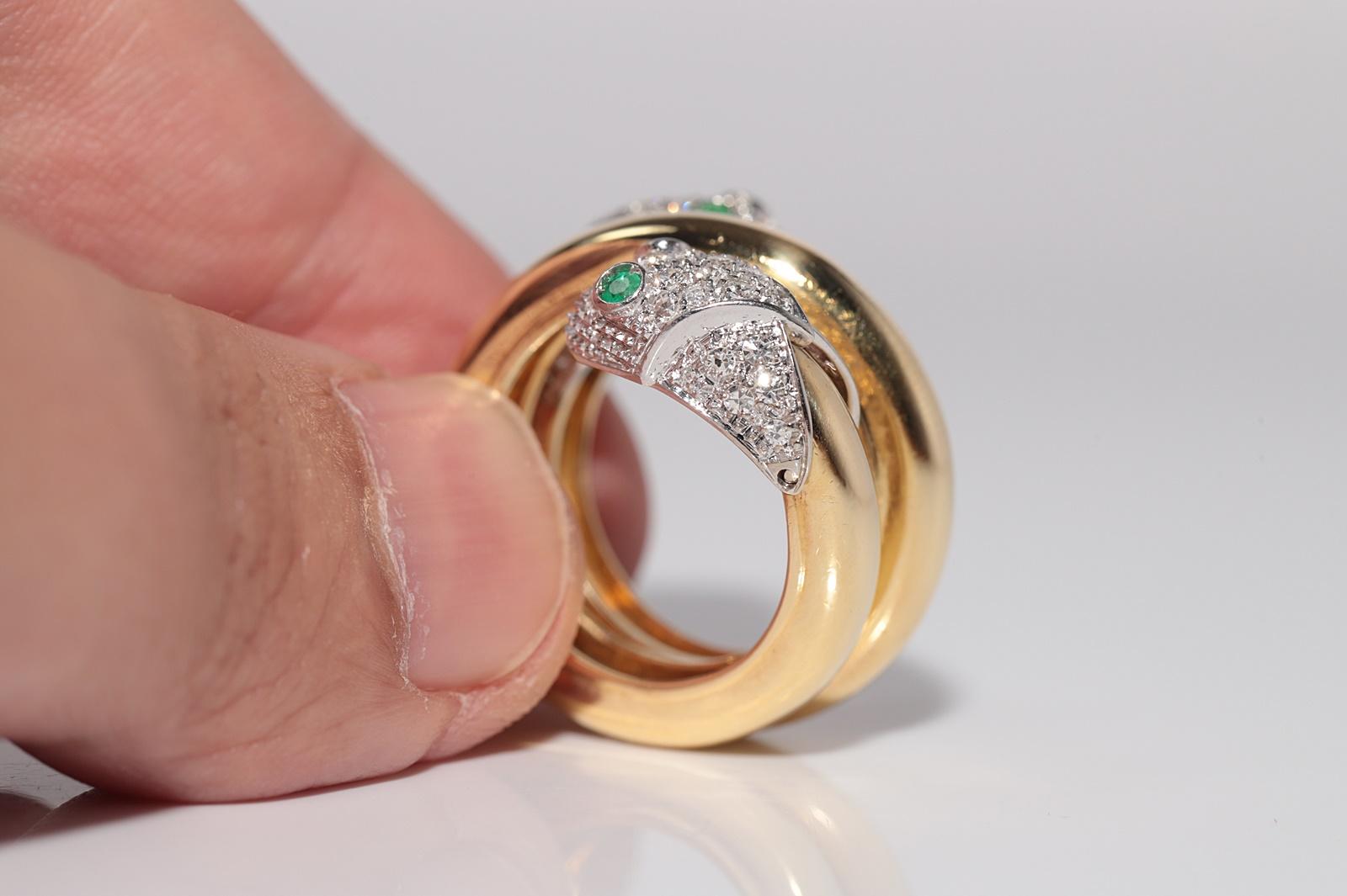 Vintage Circa 1980er Jahre 18k Gold Natürlicher Diamant und Smaragd Fischkopf-Ring im Fischkopf-Stil im Angebot 5