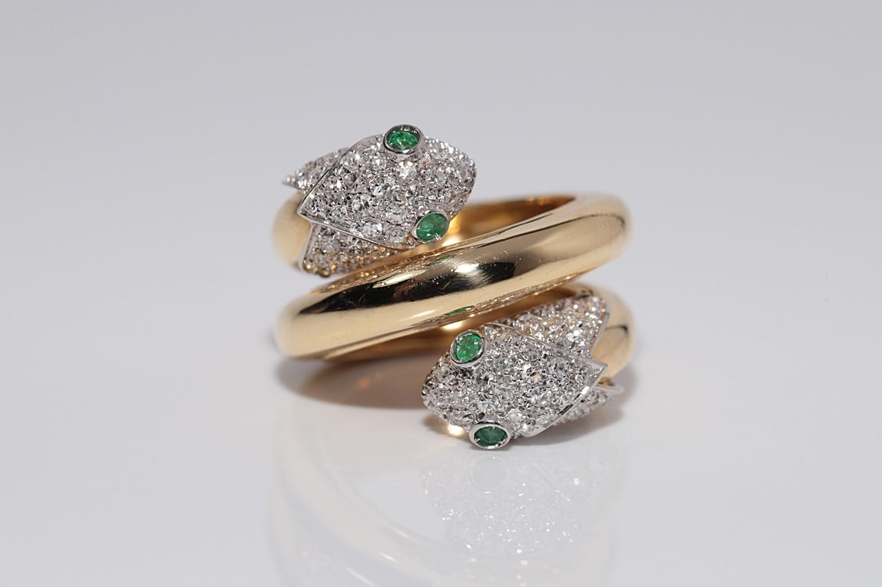 Vintage Circa 1980er Jahre 18k Gold Natürlicher Diamant und Smaragd Fischkopf-Ring im Fischkopf-Stil im Angebot 8