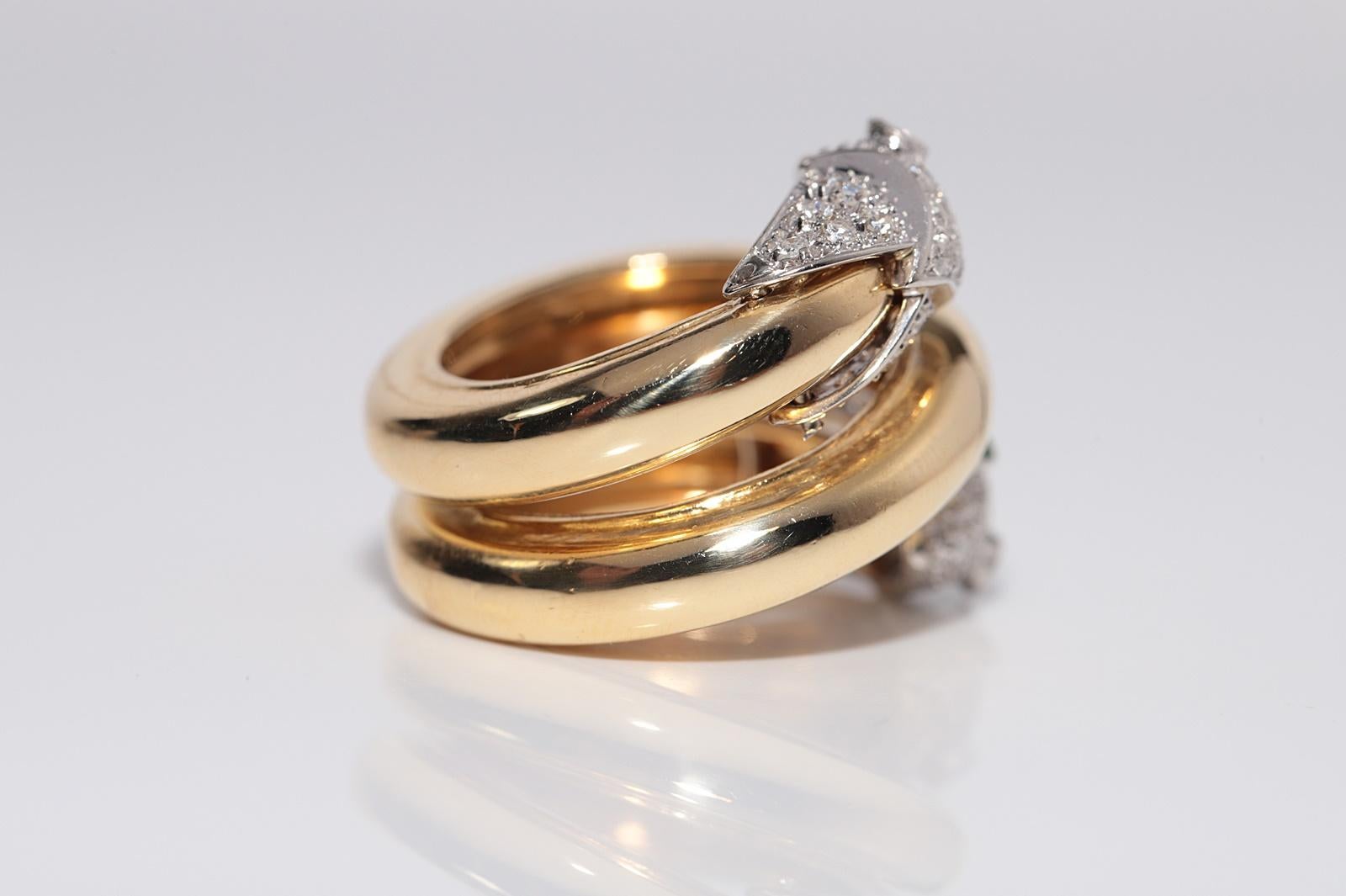 Vintage Circa 1980er Jahre 18k Gold Natürlicher Diamant und Smaragd Fischkopf-Ring im Fischkopf-Stil im Angebot 1